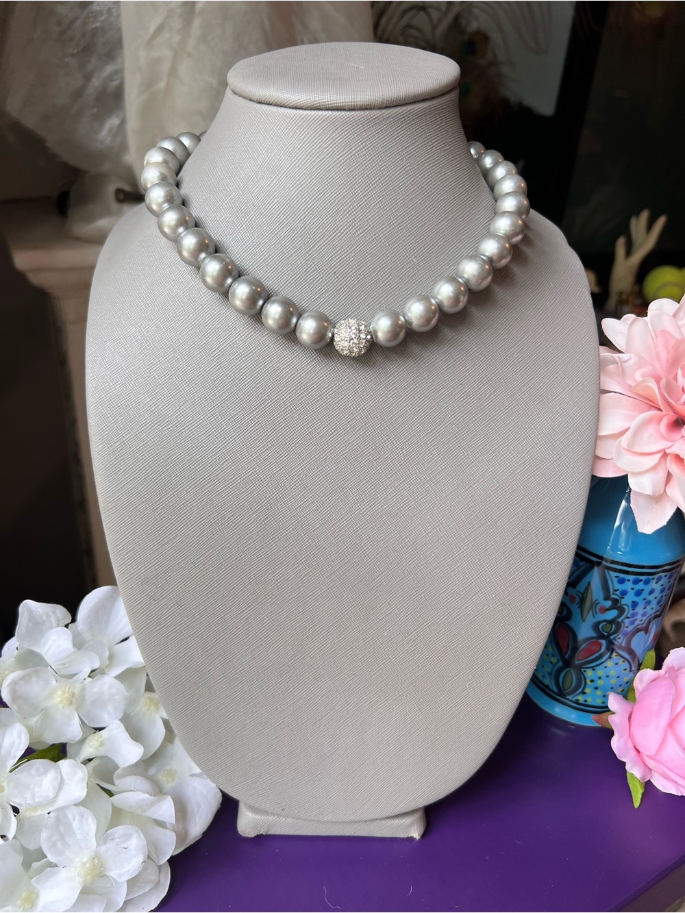 Vintage Silver Pearl Necklace with Pavé Accent, Price Is Firm